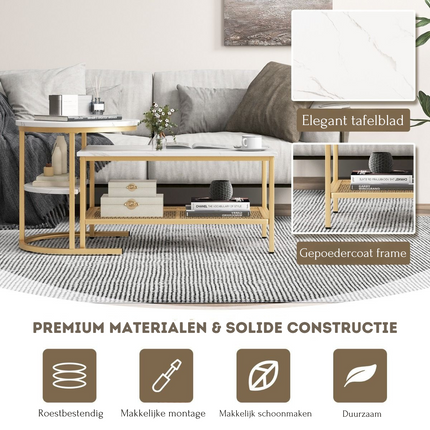 Trendmix Set van 2 Bijzettafel En Salontafel Marmerprint 80 x 46 x 41 cm - Gouden Frame - Ronde Bijzettafel Rechthoekige Salontafel