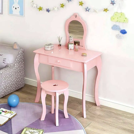 Ecotoys houten kinder kaptafel met spiegel en krukje 43x65x110 cm Roze
