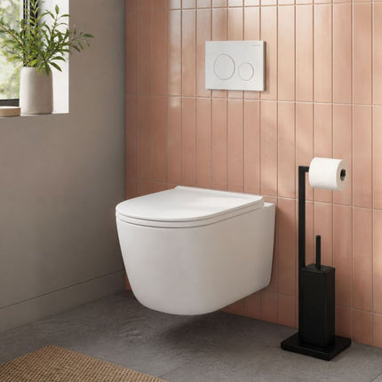 Toiletrolhouder met WC Borstel – Vrijstaande Toiletpapierhouder – Zwart Metaal