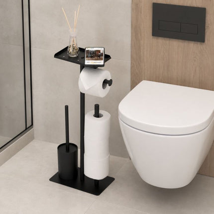 Toiletrolhouder met WC Borstel en Plateau – Vrijstaande Toiletpapierhouder – Zwart