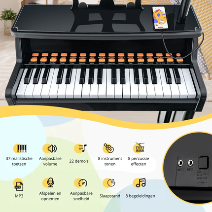 Trendmix 37 Toetsen Elektronisch Kinderpiano - Kinderpiano met kruk, Microfoon en Bladmuziekstandaard  - Piano voor kinderen vanaf 3 jaar- 41 x 22,5 x 49 cm Zwart
