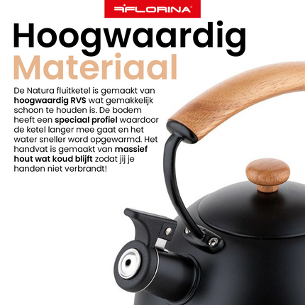 2de kansje Florina Natura Line fluitketel RVS mat zwart 2.3 Liter - ook geschikt voor inductie