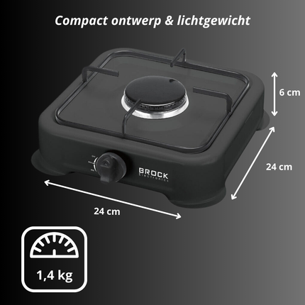 BROCK 1-Pits Gasfornuis – Draagbaar Camping Kooktoestel op LPG – Gietijzeren Branders – Buiten Kookplaat 24x24x6 cm – Zwart