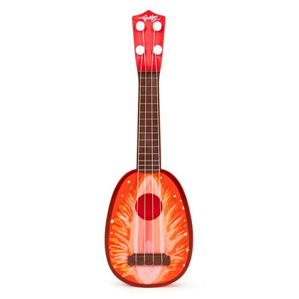 Ecotoys mini kunststof kinder ukelele / gitaar aardbei met 4 snaren 36 x 11.5 x 3.5 cm rood