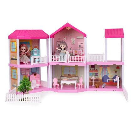 Ecotoys 156-delig poppenhuis met meubels, poppen en LED lamp 68.8 x 39.5 x 51.5 cm Roze