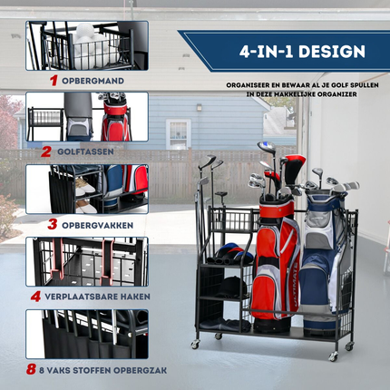 Trendmix Golftas opslagrek Metaal Zwart 95 cm x 40 cm x 94 cm - Garage Organizer Dubbele Golftas Standaard - 4 Universele Wielen Met Rem