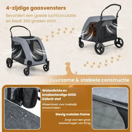 Trendmix Opvouwbare XXL Hondenbuggy Met Ademend Gaas En Opbergvakken - Voor Honden En Katten Tot 60 kg - 67 x 98 x 88 cm Grijs