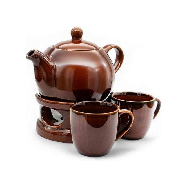 Bella Fiore Theepot Met Warmer 1L Inclusief 2 Mokken Bruin - Theekan Met Warmhouder - Premium Porselein – Theeset Cadeau
