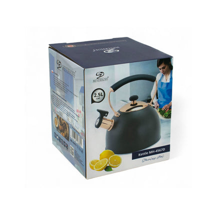Meyerhoff Fluitketel 2,5L – RVS Theeketel – Matzwart met Koperaccenten – Met Fluitje – Geschikt voor alle warmtebronnen