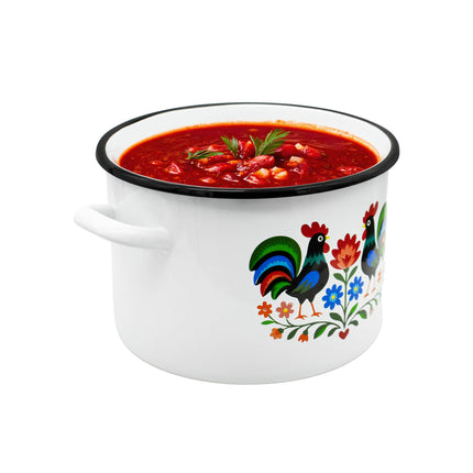 Emaille Kookpan 6 Liter – Geëmailleerde Pan 22 cm – Grote Kookpot met Folk Design – Wit