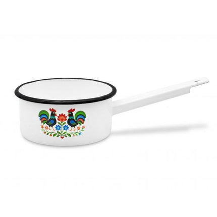 Emaille Steelpan 1 Liter – Geëmailleerde Sauspan 14 cm met Handvat – Folk Design – Wit