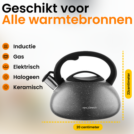 Florina Lava fluitketel RVS zwart / grijs 2.5 Liter - ook geschikt voor inductie