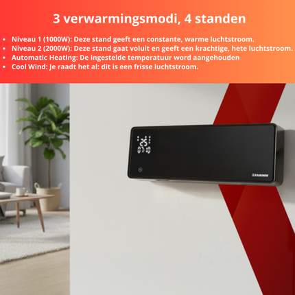Kaminer Zelvion Elektrische Wandverwarming met LED-display & WiFi – Slimme Luchtgordijnverwarming 2000W met App & Afstandsbediening – Energiezuinig & Stil