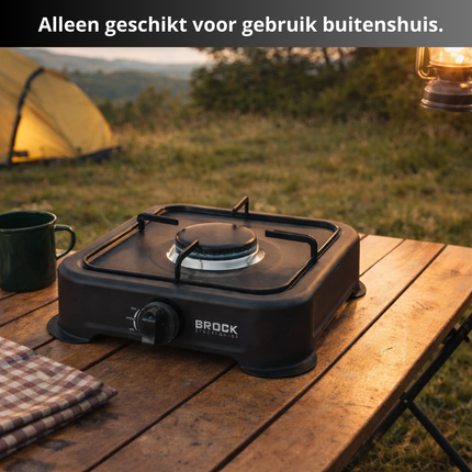 BROCK 1-Pits Gasfornuis – Draagbaar Camping Kooktoestel op LPG – Gietijzeren Branders – Buiten Kookplaat 24x24x6 cm – Zwart
