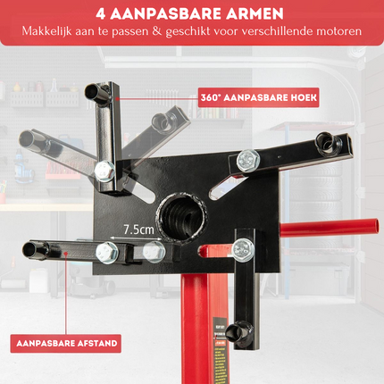 Trendmix Motormontagesteun Motorstandaard Capaciteit Max. 680 kg - Zware Hefstandaard - 360 Graden Draaibare Kop - 4 Verstelbare Armen Rood
