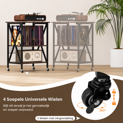 Platenspeler Meubel Met 2 Geïntegreerde Stopcontacten – Vinyl Opbergkast voor 250 LP's – Verrijdbare Platenkast met USB-A & USB-C – Industrieel Bruin