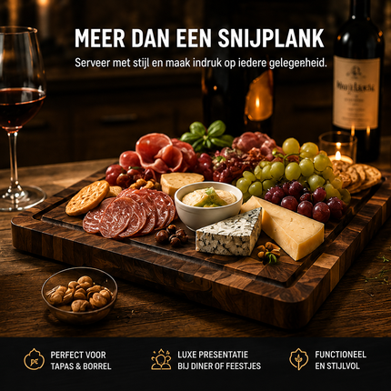 Houten Snijplank Acaciahout 43x33 cm – Grote Snijplank met Sapgeul – Luxe Serveerplank & Hakblok