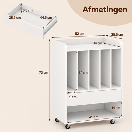 Vinyl Platenkast Wit met Wielen – Platenspeler Meubel met 5 Opbergvakken, Lade en Opbergplank