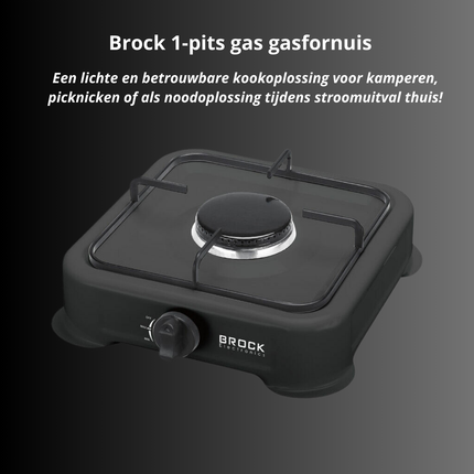 BROCK 1-Pits Gasfornuis – Draagbaar Camping Kooktoestel op LPG – Gietijzeren Branders – Buiten Kookplaat 24x24x6 cm – Zwart