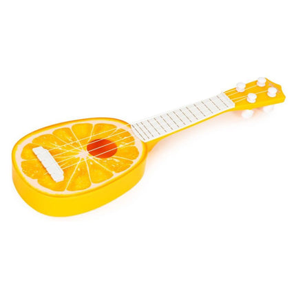 Ecotoys mini kunststof kinder ukelele / gitaar sinaasappel met 4 snaren 36 x 11.5 x 3.5 cm oranje