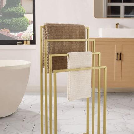 Vrijstaande Handdoekhouder 4 Niveaus – Stalen Handdoekrek Mat Goud – Luxe Badkamerrek zonder Boren