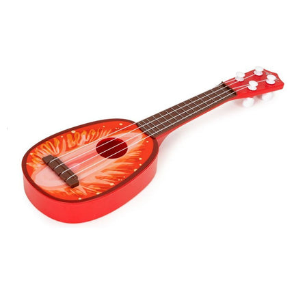 Ecotoys mini kunststof kinder ukelele / gitaar aardbei met 4 snaren 36 x 11.5 x 3.5 cm rood