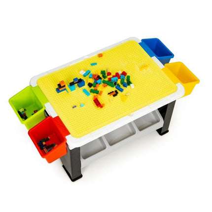 Speeltafel met bouwplaat en vlakke kant -  Kindertafel met 7 Opbergbakken en 300 bouwblokjes