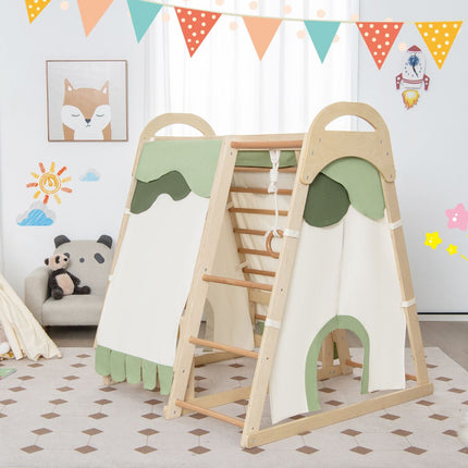 Trendmix 6-In-1 Houten Klimrek Speeltoestel - Indoor Kinder Speeltoestel met Glijbaan en Tent - 115 cm x 108 cm x 127 cm