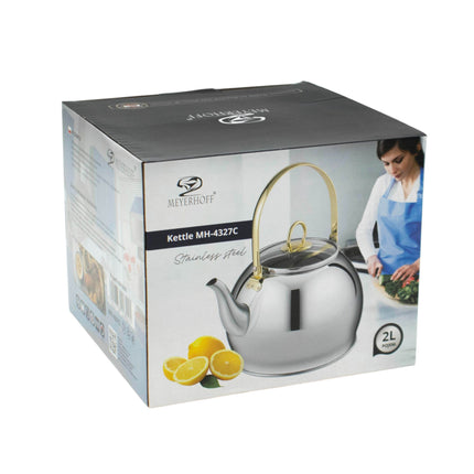 Meyerhoff RVS waterketel 2 liter MH-4327C  – Voor inductie en gas – Zonder fluit – Opklapbaar handvat – Zilver design