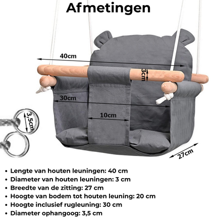 Trendmix Babyschommel Hout – Kinder Schommel Verstelbaar – Baby Schommel Binnen Buiten – Met Rugleuning – Grijs