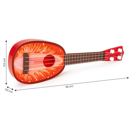 Ecotoys mini kunststof kinder ukelele / gitaar aardbei met 4 snaren 36 x 11.5 x 3.5 cm rood