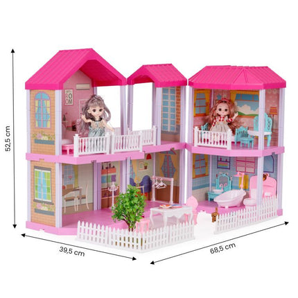 Ecotoys 156-delig poppenhuis met meubels, poppen en LED lamp 68.8 x 39.5 x 51.5 cm Roze