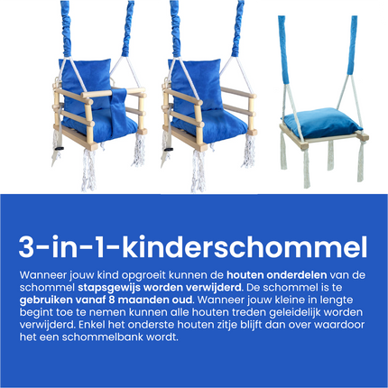 Luxe houten 3 in 1 blauwe meegroei babyschommel en Kinderschommel