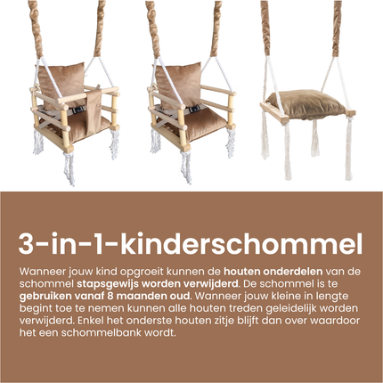 Luxe houten 3 in 1 beige bruine meegroei baby schommel en Kinder schommel – Baby swing – Schommel die meegroeit met je kindje - Schommelstoel - Schommels - Handgemaakt