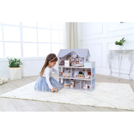 Ecotoys Poppenhuis met Meubilair Emma - 3 Verdiepingen - 60x24x70 cm - Grijs