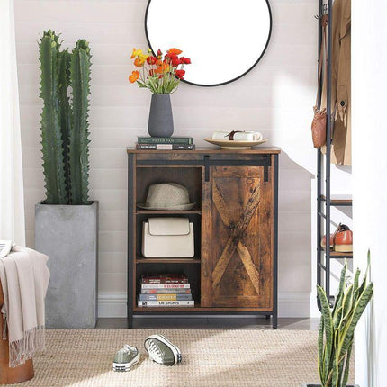 Vasagle dressoir met schuifdeur en verstelbare planken - Stalen frame - Industriële vintage stijl - bruin-zwart - LSC88BX