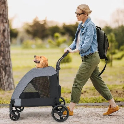 Trendmix Opvouwbare XXL Hondenbuggy Met Ademend Gaas En Opbergvakken - Voor Honden En Katten Tot 60 kg - 67 x 98 x 88 cm Grijs
