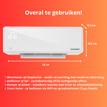 Kaminer Zelvion Elektrische Wandverwarming Wit – Slimme Luchtgordijnverwarming 2000W met WiFi, App & Afstandsbediening – Energiezuinig & Stil