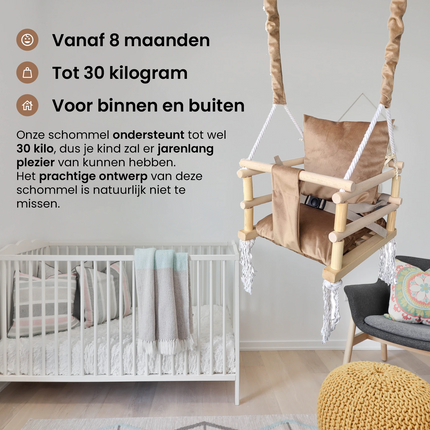 Luxe 3 in 1 beige/bruine meegroei babyschommel en Kinderschommel
