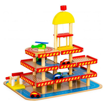 Ecotoys houten speelgoed garage met lift en auto's 50 x 39.5 x 47 cm