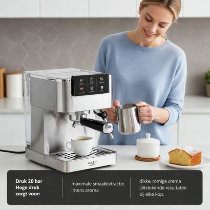 Adler Espressomachine 20 Bar 1350W – Pistonmachine met Melkopschuimer – Thermoblock – RVS