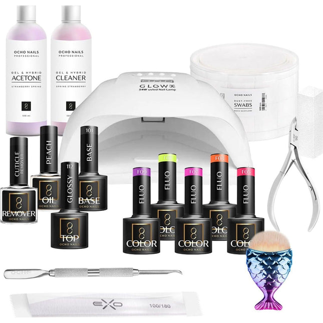 Ocho Nails Starterkit 6 Hybride Set – Met UV/LED Lamp en 5 Fluo Gellakken
