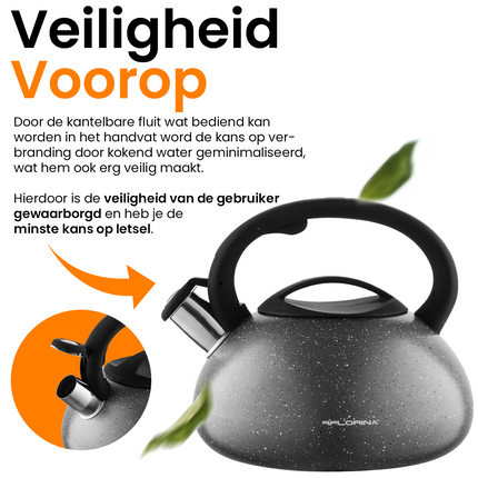 Florina Lava fluitketel RVS zwart / grijs 2.5 Liter - ook geschikt voor inductie