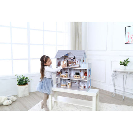 Ecotoys Poppenhuis met Meubilair Emma - 3 Verdiepingen - 60x24x70 cm - Grijs