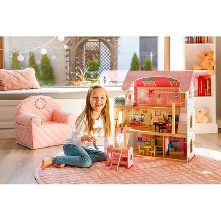 Ecotoys groot houten poppenhuis met 16 meubels en 4 poppen 70x62x31 cm Roze