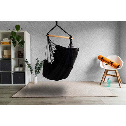 Modern Home Braziliaanse hangmat stoel met houten stok en 1-punts bevestiging zwart