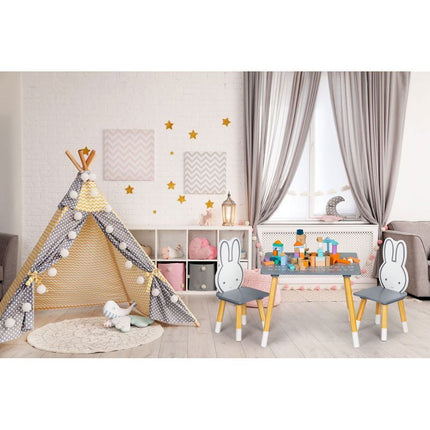Konijn kindertafel met 2 stoeltjes grijs