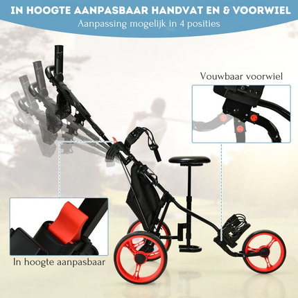 Trendmix Golf trolley Met 3 Wielen Verstelbaar Lichtgewicht - Golfwagen Met Parapluhouder, Zitje En Opbergtas Rood/Zwart 130 x 75 x 98,5-115,5 cm