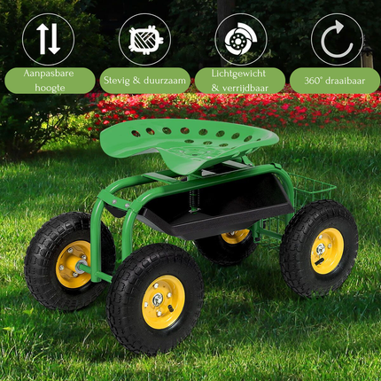 Trendmix Verrijdbare Werk Tuinstoel met 360° Draaibare Zitting - Om Makkelijk Onkruid Te Verwijderen - Verstelbare Hoogte Tuintrolley - Opbergmand – Groen