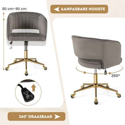 Trendmix Moderne Fluwelen Kantelbare Bureaustoel Grijs - Draaistoel met Gestoffeerde Rugleuning - Gouden Onderstel & 360° Wielen - In Hoogte Verstelbaar - 150 kg Belasting